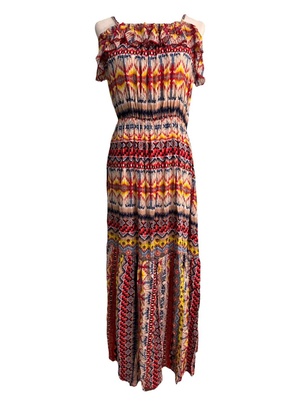 Easel Maxi Dress Womens S Orange Abstract Tiered Tropical Vacation Resort Cruise